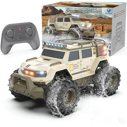 Amphibious Remote Control Car 1:14 Electric Vehicle 4WD for Boys Age 8-12, Offroad Waterproof RC Truck All Terrain RC Drift Cars Beach Pool Toys Gifts for Kids - color: Beige