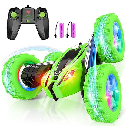 Qumcou Remote Control Car for Boys 4-7,RC Cars Toys for Ages 5-7, 2.4Ghz Fast Double-Sided 360°Rotating Toy Cars with Headlights and Wheel Lights, Christmas Birthday Gifts for Boys Age 6-12, Green