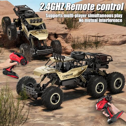 Remote Control Monster Truck, RC Cars Rock Crawler RC Truck with 2 Rechargeable Batteries, Metal Exterior & LED Lights, Large Boy Toys for Ages 4-7, 8-12 & Adults Great Gift - color: 6 Wheels Gold