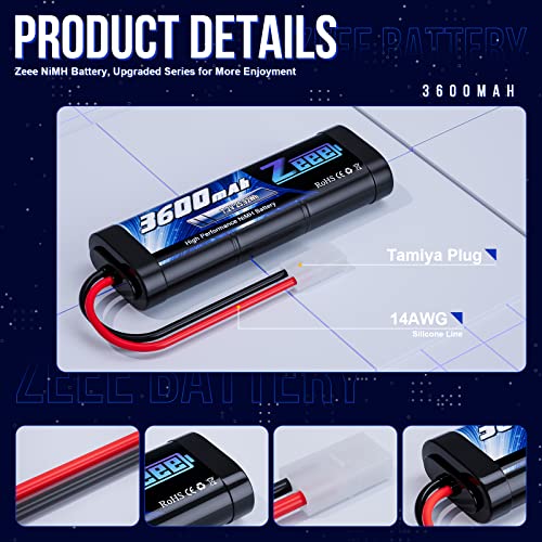 Zeee 7.2V NiMH Battery 3600mAh RC Battery with Tamiya Connector | High Power for RC Car RC Truck Associated HPI Losi Kyosho Racing Hobby