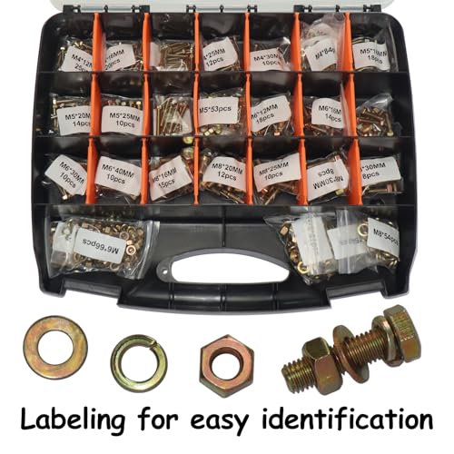 1008PCS Metric Bolt Assortment - Heavy Duty Grade 8.8 M4 M5 M6 M8 Metric Bolts and Nuts Assortment, Nut and Bolt Assortment Kit, Bolts and Nuts Kit (12-40mm), Yellow Zinc Plated, Corrosion Resistant