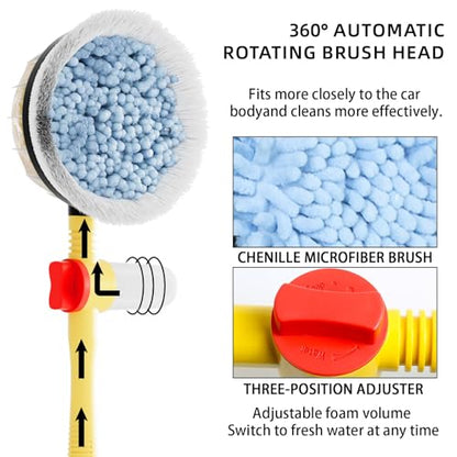 Car Wash Brush with Long Handle,Auto Rotating Car Wash Brush Cleaning Kit 360° Spin Car Mop with Pressure Washer Gun and Hose Nozzle for Cars RV Truck Yards Gardens etc
