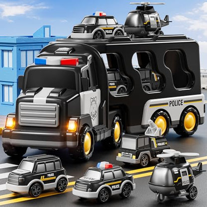 JUKUDAHU Police Truck Toy for Boys 4-8 Years Old - Carrier Vehicle Toy Set | 3 Small Cars and 1 Helicopter, Kids Firction Powered Police Car Toy for Age 3-9, Sound and Light, Gifts for Boys and Girls - style: 5 IN 1 Police Truck