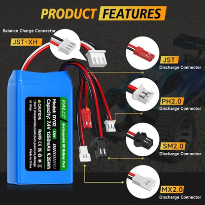 2 Pack 7.4V 2S Lipo SCX24 Battery 35C(Brust 70C) 1200mAh Batteries with PH2.0 JST SM2.0 MX2.0 Plug Connector Fit for Axial SCX24 Most 1/10, 1/16, 1/18, 1/24 Scale RC Crawler RC Car, Truck, Boat, Drone