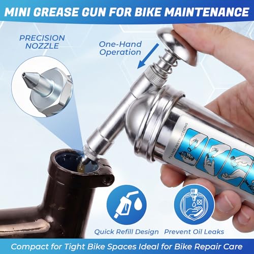 Mini Grease Gun Kit with 2 Tubes, 3 oz Steel Small Grease Gun for Bicycle Bike Chains Bearings Pedals, Lawn Mower, Air Tools and Garden Equipment
