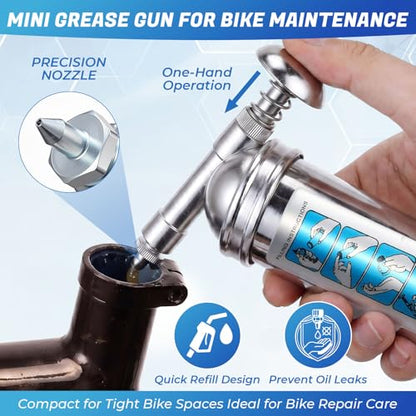 Mini Grease Gun Kit with 2 Tubes, 3 oz Steel Small Grease Gun for Bicycle Bike Chains Bearings Pedals, Lawn Mower, Air Tools and Garden Equipment