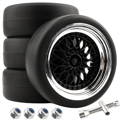 4-Pack RC 1/10 Scale On Road Slick Tires OD2.55 Rubber Wheel Rims 12mm Hex Compatible with Traxxas 4 Tec 2.0 Tamiya TT01 XV01 Kyosho WR8 Sakura WLtoys HPI Touring Racing Car - color: Black