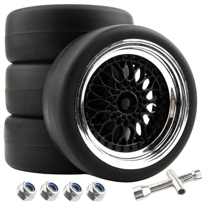 4-Pack RC 1/10 Scale On Road Slick Tires OD2.55 Rubber Wheel Rims 12mm Hex Compatible with Traxxas 4 Tec 2.0 Tamiya TT01 XV01 Kyosho WR8 Sakura WLtoys HPI Touring Racing Car - color: Black