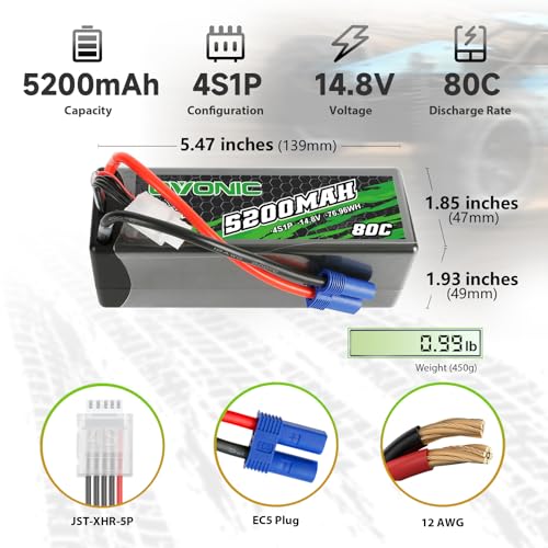 OVONIC 4S Lipo Battery 80C 5200mAh 14.8V Lipo Battery with EC5 Connector for Arrma 1/5 1/8 1/10 RC Car and Truck