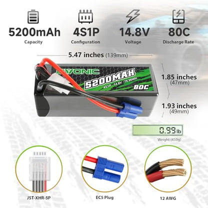 OVONIC 4S Lipo Battery 80C 5200mAh 14.8V Lipo Battery with EC5 Connector for Arrma 1/5 1/8 1/10 RC Car and Truck