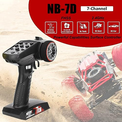 7 Channels RC Transmitter with Receiver Built-in Light Control System and 12LED Light Set, 2.4GHz Radio Remote Controller for RC Car Crawler Truck Racing Buggy Off Road On Road Boat Tank(Red) - color: Red