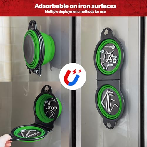 Magnetic Trays, Magnetic Bowl for Screws, Magnetic Tool Tray (green2.0) | Collapsible Magnetic Tool Tray, Integrated 5.1" Round Dual Silicone Bowls, Upgraded Version, Bonus Hook for On-the-Go Carry - style: green2.0