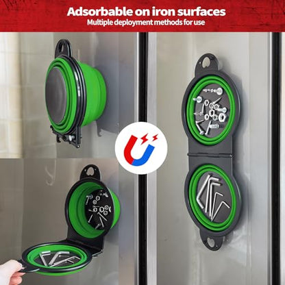 Magnetic Trays, Magnetic Bowl for Screws, Magnetic Tool Tray (green2.0) | Collapsible Magnetic Tool Tray, Integrated 5.1" Round Dual Silicone Bowls, Upgraded Version, Bonus Hook for On-the-Go Carry - style: green2.0