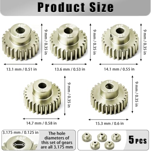 5Pcs 48P Aluminum Alloy Pinion Gear Set 3.175mm 23T 24T 25T 26T 27T Motor Pinion Gear W M4 Screw and Hex Key, Fit 3.175mm (1/8-Inch) Shaft, for Arrma HPI Kyosho Losi Axial Traxxas Tamiya 1/10 RC Car - size: 48P-P-3.175mm-23-27T