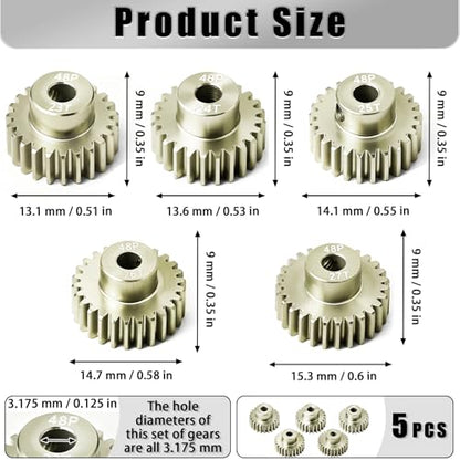5Pcs 48P Aluminum Alloy Pinion Gear Set 3.175mm 23T 24T 25T 26T 27T Motor Pinion Gear W M4 Screw and Hex Key, Fit 3.175mm (1/8-Inch) Shaft, for Arrma HPI Kyosho Losi Axial Traxxas Tamiya 1/10 RC Car - size: 48P-P-3.175mm-23-27T