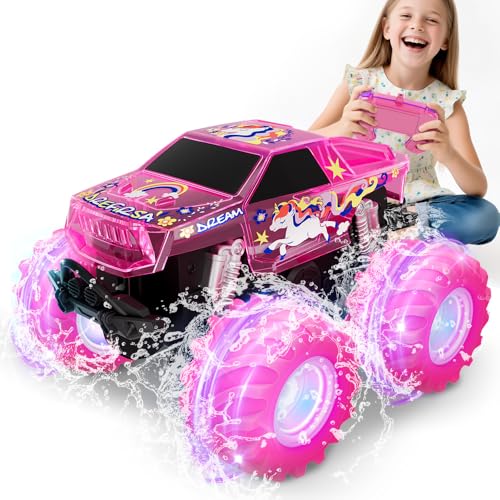 Drefirsa Pink Waterproof Monster Truck, Unicorn Remote Control Car for Girl | 4WD All Terrain Off-Road Girl RC Truck, Colorful Light, Amphibious, Unicron Toy Car for 6 7 8 9 10 11 Year Girl Birthday Gift - color: Pink