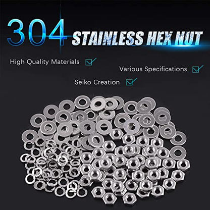 Swpeet 150Pcs SAE 304 Stainless Steel #8-32" Hex Nuts and #8 Flat Washers with #8 Split Lock Washers Assortment Kit, Coarse Thread Hexagon Nut for Home Automotive Shop Use - size: #8-32 Hex Nuts & Washers