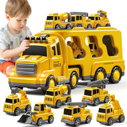 JUKUDAHU 7 Construction Truck Toys Sets for 3 4 5 6 Years Old Boys - Engineering Cars for Kids, Boys Toys Vehicles for Kids, Gift Toys for Ages 2-4 - style: 7 IN 1 Construction Truck