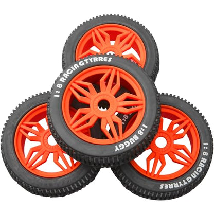 ShareGoo OD 4.52" 1/8 RC Buggy Rubber Tires Tyre w/ 5 Spoke Plastic Rim 17mm Hex Compatible with Arrma Kyosho Exceed RC Traxxas Redcat HSP HPI 1/8 Scale Off Road Car Buggy (Red) - color: Red