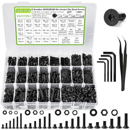 M3 M4 M5 M6 Nuts and Bolts Assortment Kit, Hex Socket Flat Head 24 Size 6-25mm Metric Bolt Assortment, Upgraded Zinc Plated Screw Set Machine Screws, Bolts and Nuts Kit w/Washers, 1485Pcs - size: F. M3 M4 M5 M6