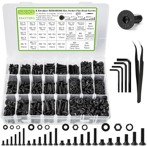 M3 M4 M5 M6 Nuts and Bolts Assortment Kit, Hex Socket Flat Head 24 Size 6-25mm Metric Bolt Assortment, Upgraded Zinc Plated Screw Set Machine Screws, Bolts and Nuts Kit w/Washers, 1485Pcs - size: F. M3 M4 M5 M6
