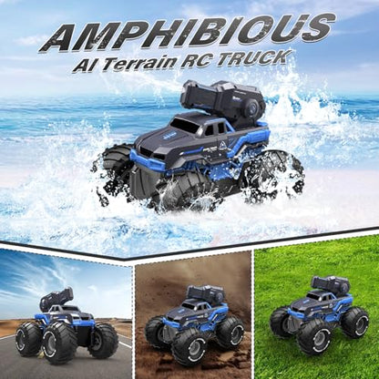 Amphibious Remote Control Car Boat Water Squirt RC Tank 2.4GHz Gesture Sensor 4WD Monster Truck Waterproof RC Car for 6 7 8 9-12 Kids Girls Boys Gift Beach Pool Water Toy With 2 Replaceable Batteries - color: Bule