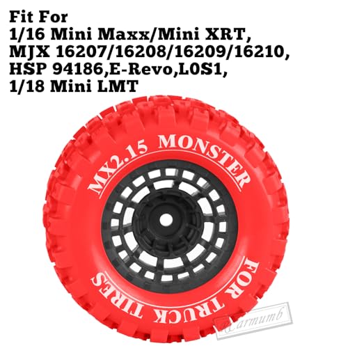 100 * 52MM 1/16 RC Monster Truck Tires 12mm Hex Adapters All-Terrain Traction Tires fit for Mini Maxx/Mini XRT, MJX 16207/16208/16209/16210,HSP 94186,E-Revo,L0S1,1/18 Mini LMT,Red&Black - color: Red&black(4pcs)