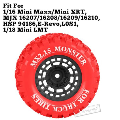 100 * 52MM 1/16 RC Monster Truck Tires 12mm Hex Adapters All-Terrain Traction Tires fit for Mini Maxx/Mini XRT, MJX 16207/16208/16209/16210,HSP 94186,E-Revo,L0S1,1/18 Mini LMT,Red&Black - color: Red&black(4pcs)