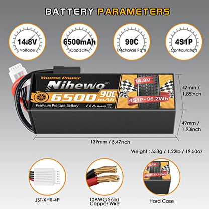 4S RC Battery 14.8V 6500mAh 90C Hard Case 2Pcs for RC Car Truck Boat | 14.8V Lipo Battery 90C for 1/5-1/8 RC Car/Trucks/buggy boats plane, hard case durability. TX plug + EC5 adapter.2-pack value