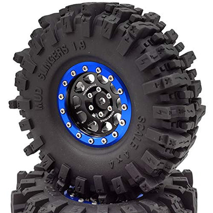 120mm Tall 1.9 Mud Slingers Tires T8 Soft Sticky Tyres & 1.9 Beadlock Wheels Rims Black Blue For RC 1/10 Rock Crawler SCX10 TRX4 Gen8, (4-Pack, HS700601) - color: Black & Blue