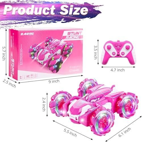 Spider Remote Control Car, Double Sided 360°Rotating USB Direct Charging RC Cars with Cool Lights, 2.4Ghz Drift RC Stunt Car, 360°Rotating 4WD Off-Road Race Toys for 4-12 Boy Girl Kids Gifts(Pink) - color: Pink