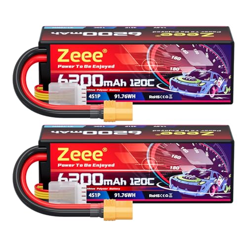 Zeee 4S Lipo Battery 6200mAh 14.8V 120C with XT90 Connector (2 Pack) | Hard Case RC Battery for Car Truck Tank RC Buggy Truggy RC Models