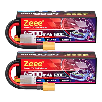 Zeee 4S Lipo Battery 6200mAh 14.8V 120C with XT90 Connector (2 Pack) | Hard Case RC Battery for Car Truck Tank RC Buggy Truggy RC Models