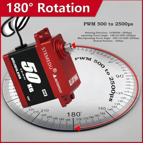 BLS-HV50MG 50KG Brushless Digital Servo, Waterproof IP66, 0.08s/60° & 53kg·cm Torque, All-Metal Case for 1/8 1/10 1/12 RC Car Boat DIY (180°) - style: Red 50KG - 180 Degree