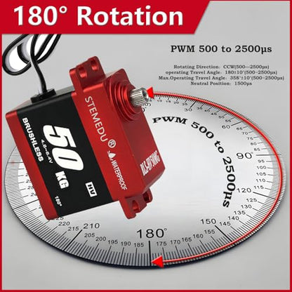 BLS-HV50MG 50KG Brushless Digital Servo, Waterproof IP66, 0.08s/60° & 53kg·cm Torque, All-Metal Case for 1/8 1/10 1/12 RC Car Boat DIY (180°) - style: Red 50KG - 180 Degree
