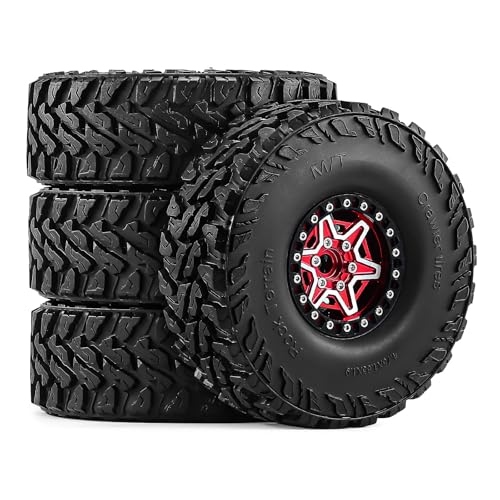 1.9" Beadlock Wheels and Tires 121mm (4.75in) for TRX4 SCX10 1/10 RC Crawler Upgrade Parts (Red-3, 4Pcs) - color: Red+P tires