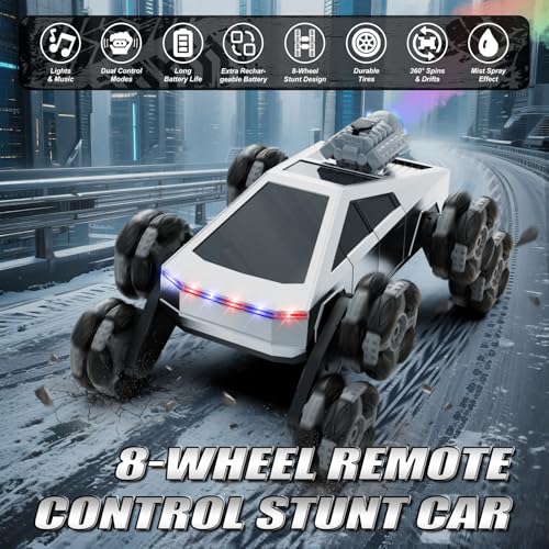 8 Wheel RC Stunt Car with Gesture Control, Spray & LED Lights, Gesture Sensing Remote Control Cars for Boys Age 6 7 8-12 13 14 Year Old, Christmas Birthday Gifts Ideas for Kids - color: Grey