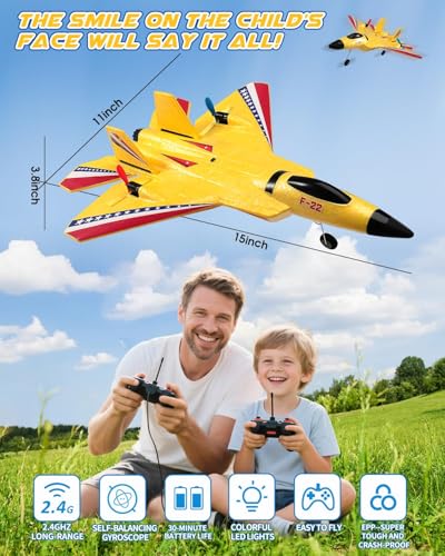 ANTSIR F22 RC Plane Jet Easy to Fly Foam RC Glider for Kids, Yellow | 2CH, RTF, 2.4GHz, Smart Gyro Stabilizer, LED Lights, 2 Rechargeable Batteries, Toy Gift for Boys Girls Beginners 8-16 - color: Yellow F22-2 Batteries