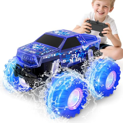 Drefirsa Waterproof Remote Control Monster Truck, Remote Control Car Toy | Amphibious, 4WD All Terrain RC Truck with Colorful Light, RC Stunt Car Toy for 6 7 8 9 10 11 12 Year Old Boy Birthday Gift - color: Blue