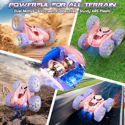 cosone Pink Purple RC Stunt Car for Kids | 360° Rotating Tricks, Double-Sided Driving, LED Lights, USB-C Rechargeable Battery, One-Click Demo - color: Purple&pink Pro