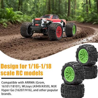 Pre-Glued 1/16 & 1/18 RC Monster Truck Rubber Tire & Nylon Wheel - 12mm Hex | Rubber Tires with Foam Fits for ARRMA 1/18 Granite/Typhon Grom, WLtoys A949, MJX Hyper Go H16 (4PCS, Green) - color: Green