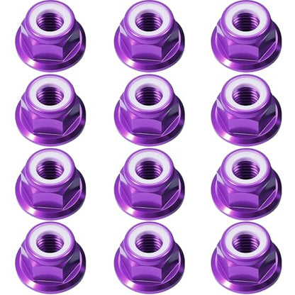 12Pcs M4 Flange Nuts Aluminum, M4-0.7mm Hex Flange Nylon Insert Lock Nuts for 1/10 Scale RC Car Traxxas Slash 4x4 2WD Stampede VXL Rustler VXL HPI Redcat Axial Racing Truck Buggy Crawler Wheels Purple - color: Purple, size: 12Pcs