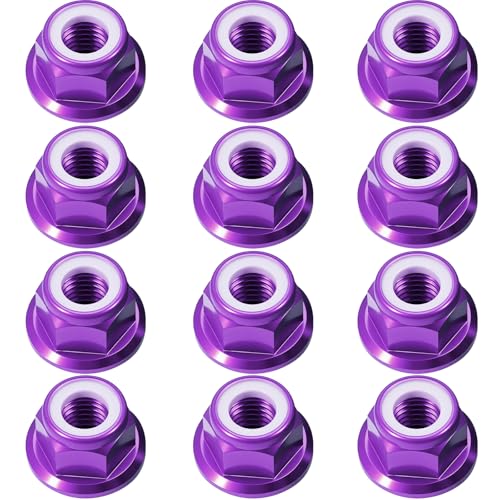 12Pcs M4 Flange Nuts Aluminum, M4-0.7mm Hex Flange Nylon Insert Lock Nuts for 1/10 Scale RC Car Traxxas Slash 4x4 2WD Stampede VXL Rustler VXL HPI Redcat Axial Racing Truck Buggy Crawler Wheels Purple - color: Purple, size: 12Pcs