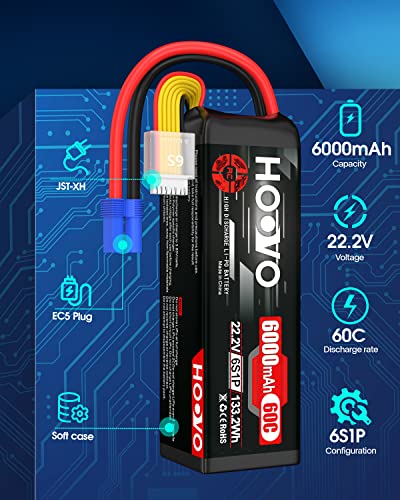 HOOVO 22.2V 6000mAh 60C 6S LiPo Battery with EC5 Plug | for RC Quadcopter Truck Boat Airplane Helicopter RC Vehicle