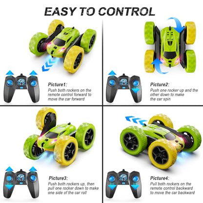 QUNREDA Remote Control Car, RC Car Toys for 6-12 Year Old Boys, Off Road RC Stunt Car 4WD 360° Rotating Remote Control Car for Kids, Boys Girls Gifts for Birthday, Christmas Yellow&Green - color: Yellow&green