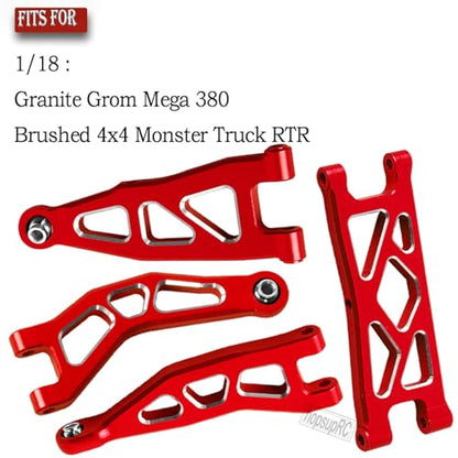 Aluminum Front Rear A Arms Upgrades Part for 1/18 Granite Grom Mega 380 Brushed 4x4 Monster Truck RTR,Alloy Front Rear Suspension A Arms Hops Up,8PCS,Red - color: Red(8pcs)