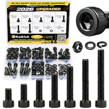 Kadrick M6 Screws Kit 125PCS, Optimized Socket Head Cap Screws Assortment with Higher Screw Ratio, Class 12.9 Alloy Steel, Black Zinc Plated M6 Bolts Nuts & Washers for Mechanical, Repair & DIY Use - size: M6 125Pcs New