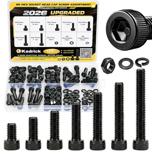 Kadrick M6 Screws Kit 125PCS, Optimized Socket Head Cap Screws Assortment with Higher Screw Ratio, Class 12.9 Alloy Steel, Black Zinc Plated M6 Bolts Nuts & Washers for Mechanical, Repair & DIY Use - size: M6 125Pcs New