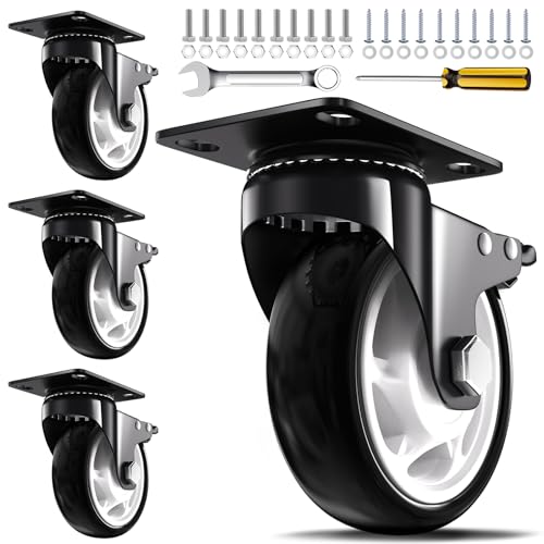 Caster Wheels, 4 Inch Heavy Duty Casters, 2400lbs Capacity (Set of 4) - Industrial Swivel Wheels with Dual-Locking Brakes, Silent & Non-Marking for Workbenches, Carts, Furniture - color: black, size: 4 IN