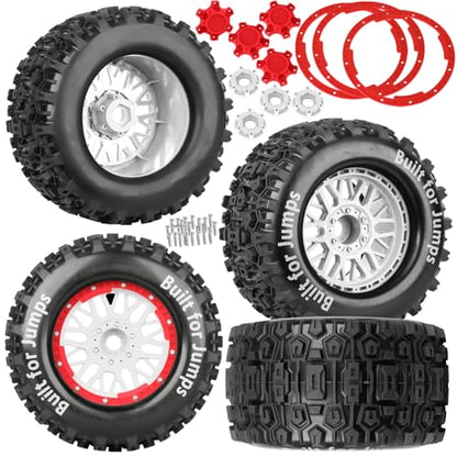 17mm Hex 1/7 1/8 1/10 RC Wheels and Tires for 1/10 Revo/Summit/T-Maxx/E-Revo,1/8 Kraton/Outcast/Fireteam/Notorious 6S,Sledge,1/7 Fireteam 6S,etc RC Monster Truck,(4Pcs) Red White - color: Red White - (Rc Truck Tires)